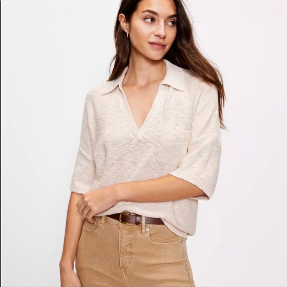 LOFT V-Neck Pocket Polo Sweater in Beige NWT